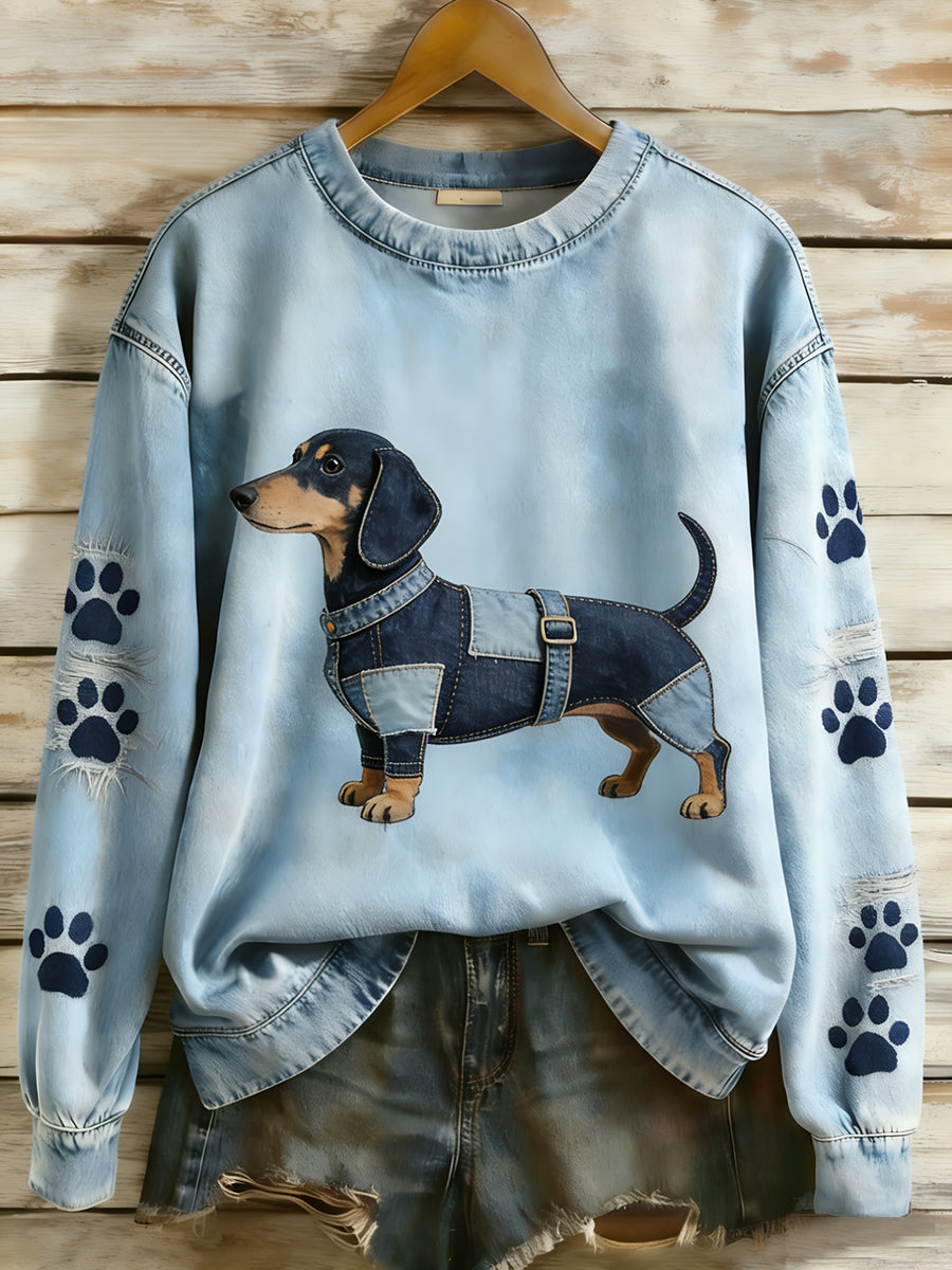 Rétro Denim Patchwork Animal Art Print Casual Comfort Sweat-shirt à manches longues pour femmes