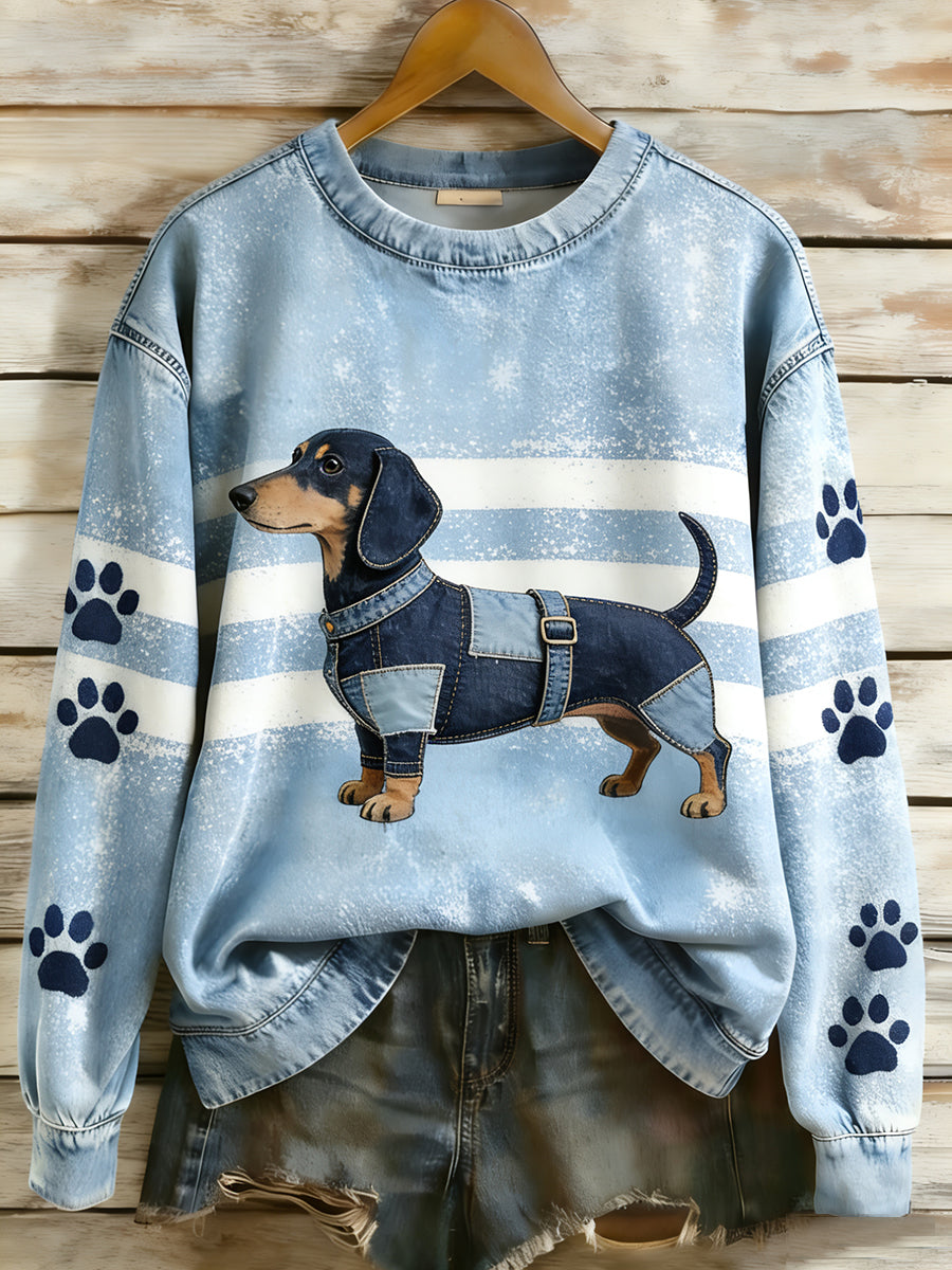 Rétro Denim Patchwork Animal Art Print Casual Comfort Sweat-shirt à manches longues pour femmes