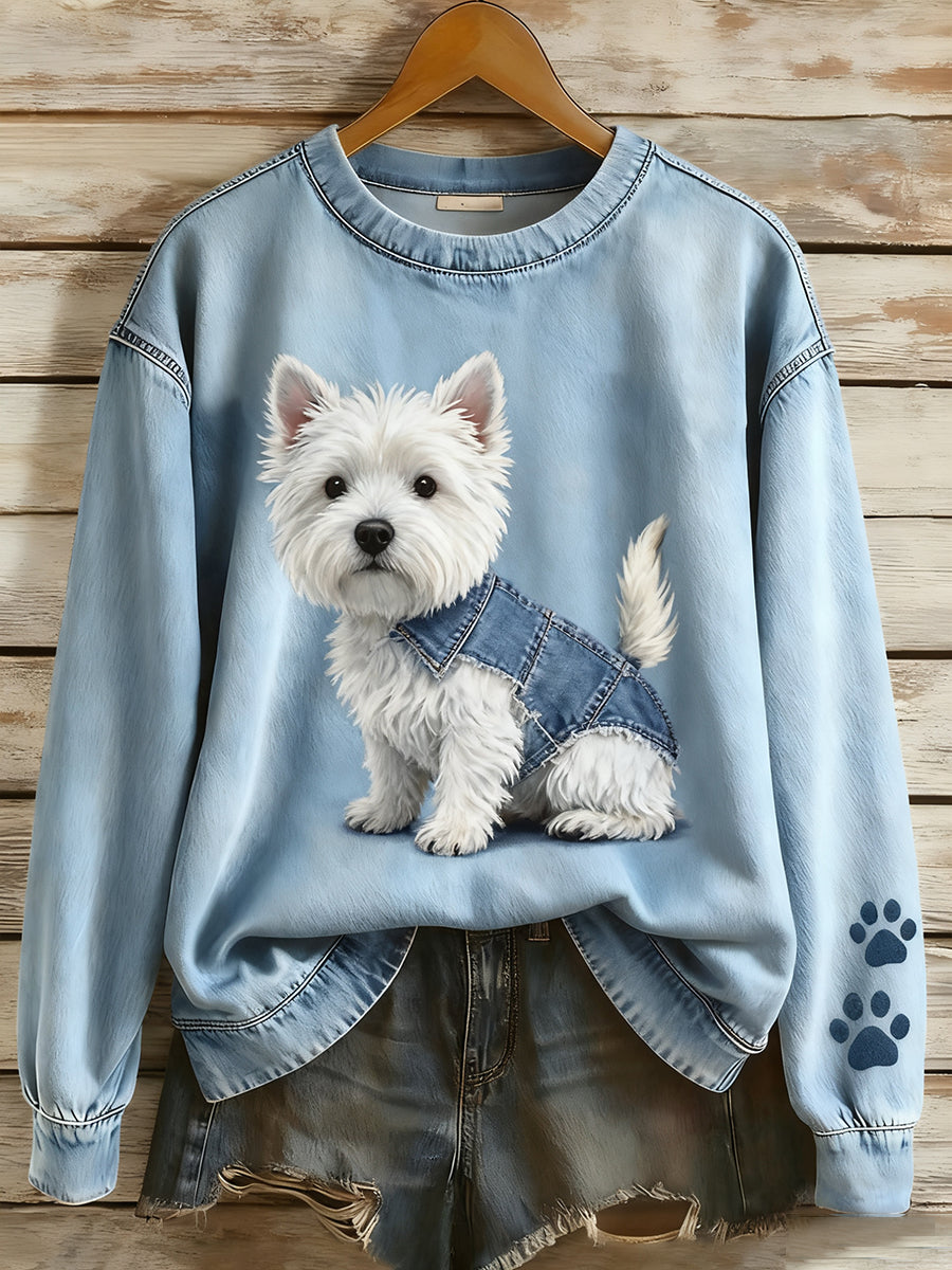 Rétro Denim Patchwork Animal Art Print Casual Comfort Sweat-shirt à manches longues pour femmes