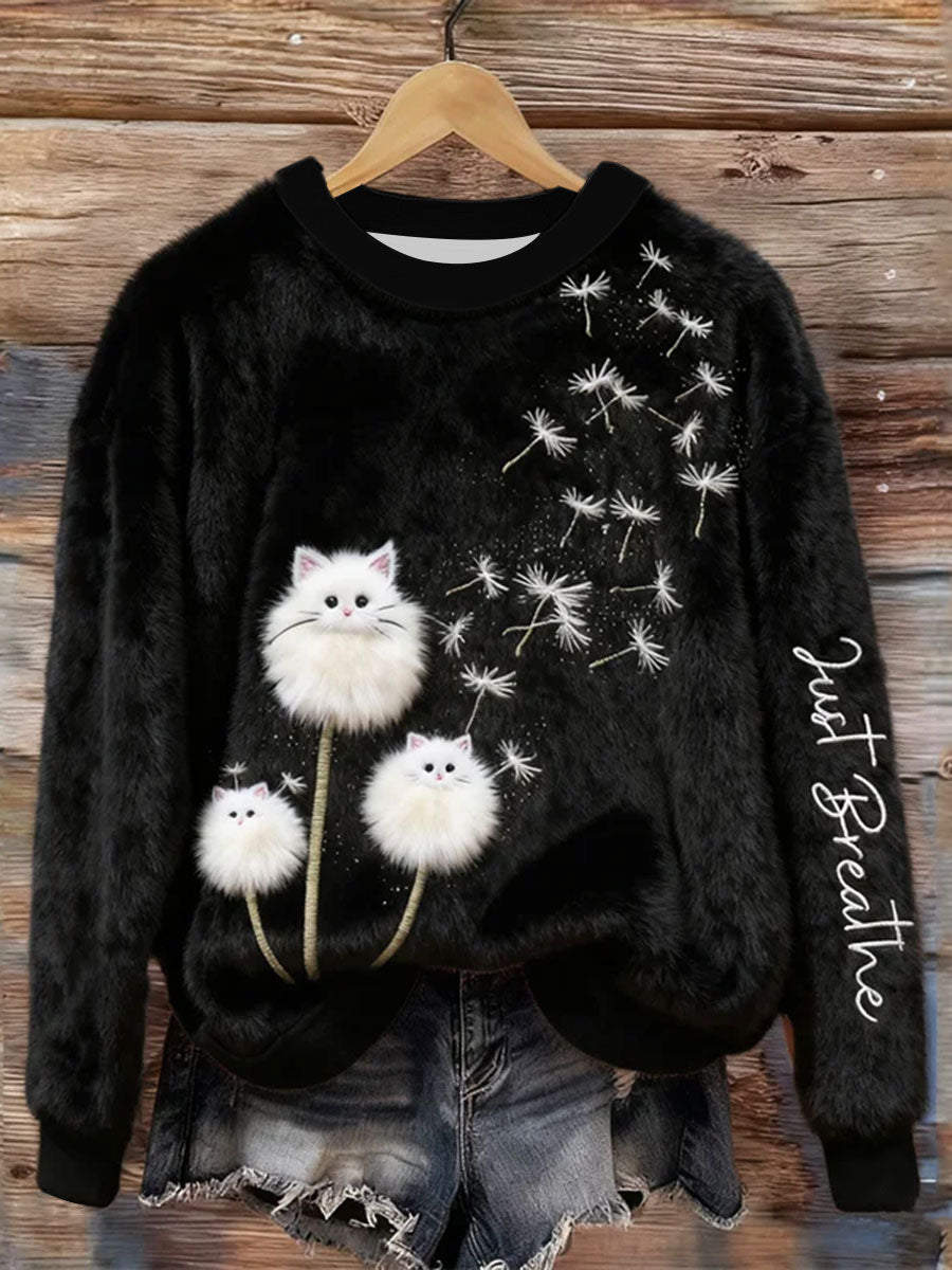 Chandail à capuchon en flanelle Just Breathe Fuzzy Cat & Dandelion Femme