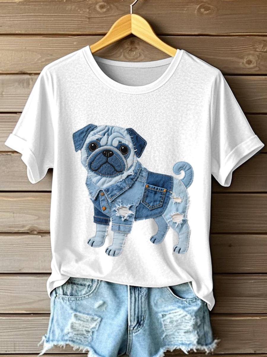 Lovely Pug Dog Denim Patchwork T-Shirt des femmes