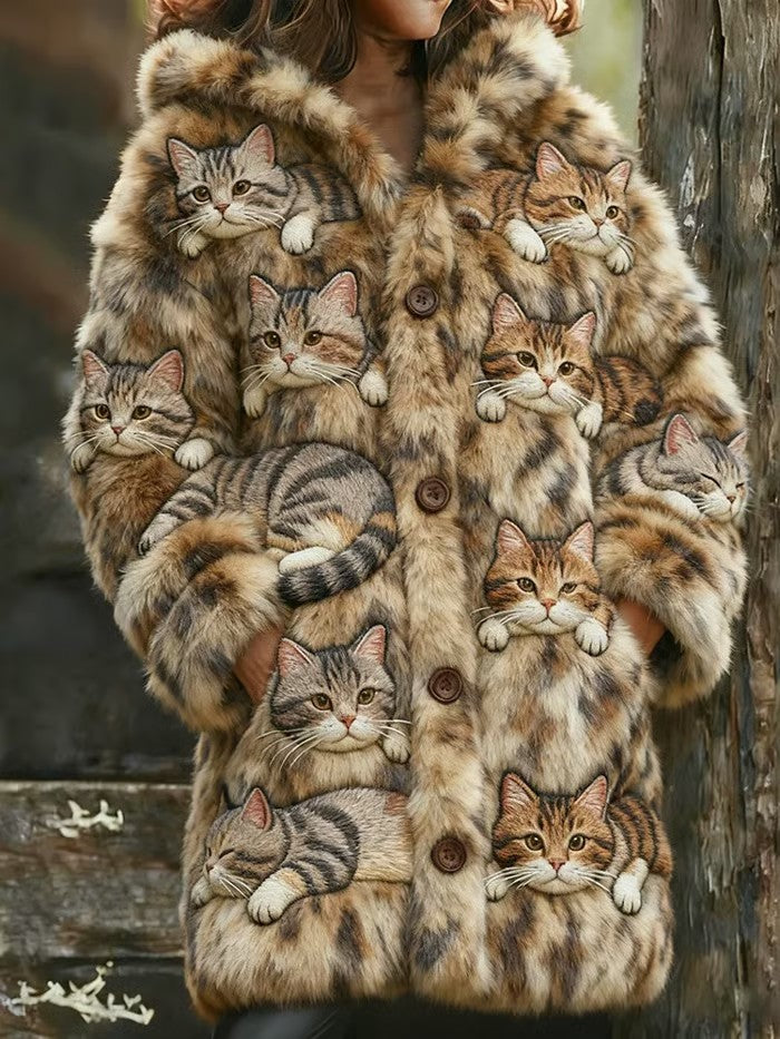 Veste chaude en flanelle à imprimé chat pour femme