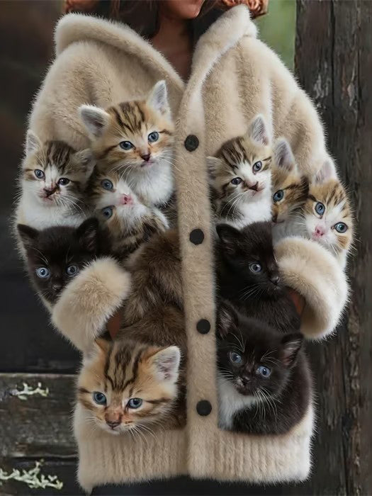 Veste chaude en flanelle à imprimé chat animal pour femmes