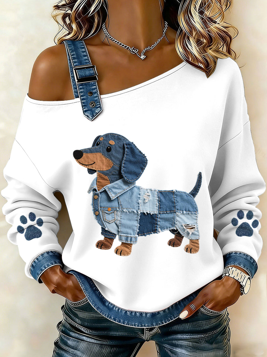 Femmes Charmant Teckel Motif Denim Patchwork Top