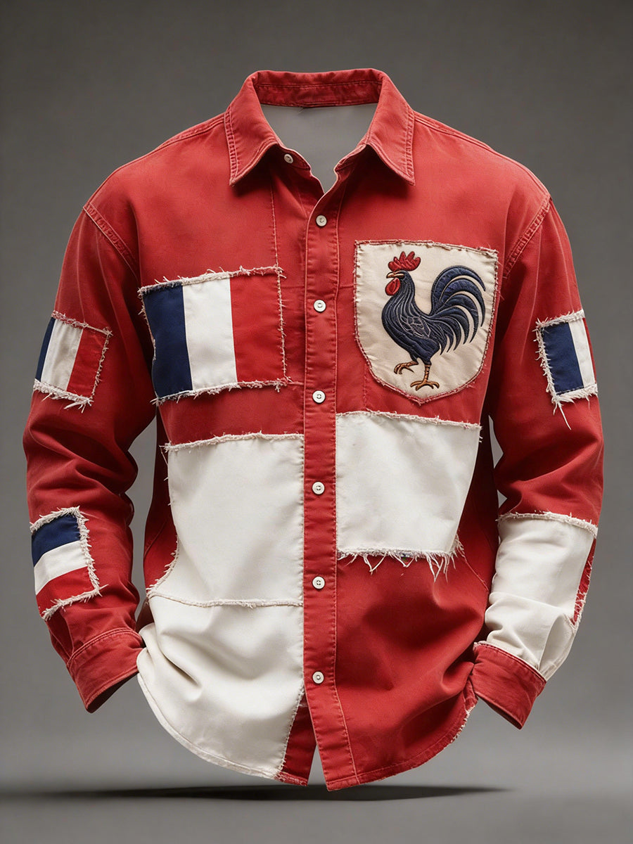 Rétro Drapeau Français Coq Patchwork Color-Block Casual Et Confortable Chemise