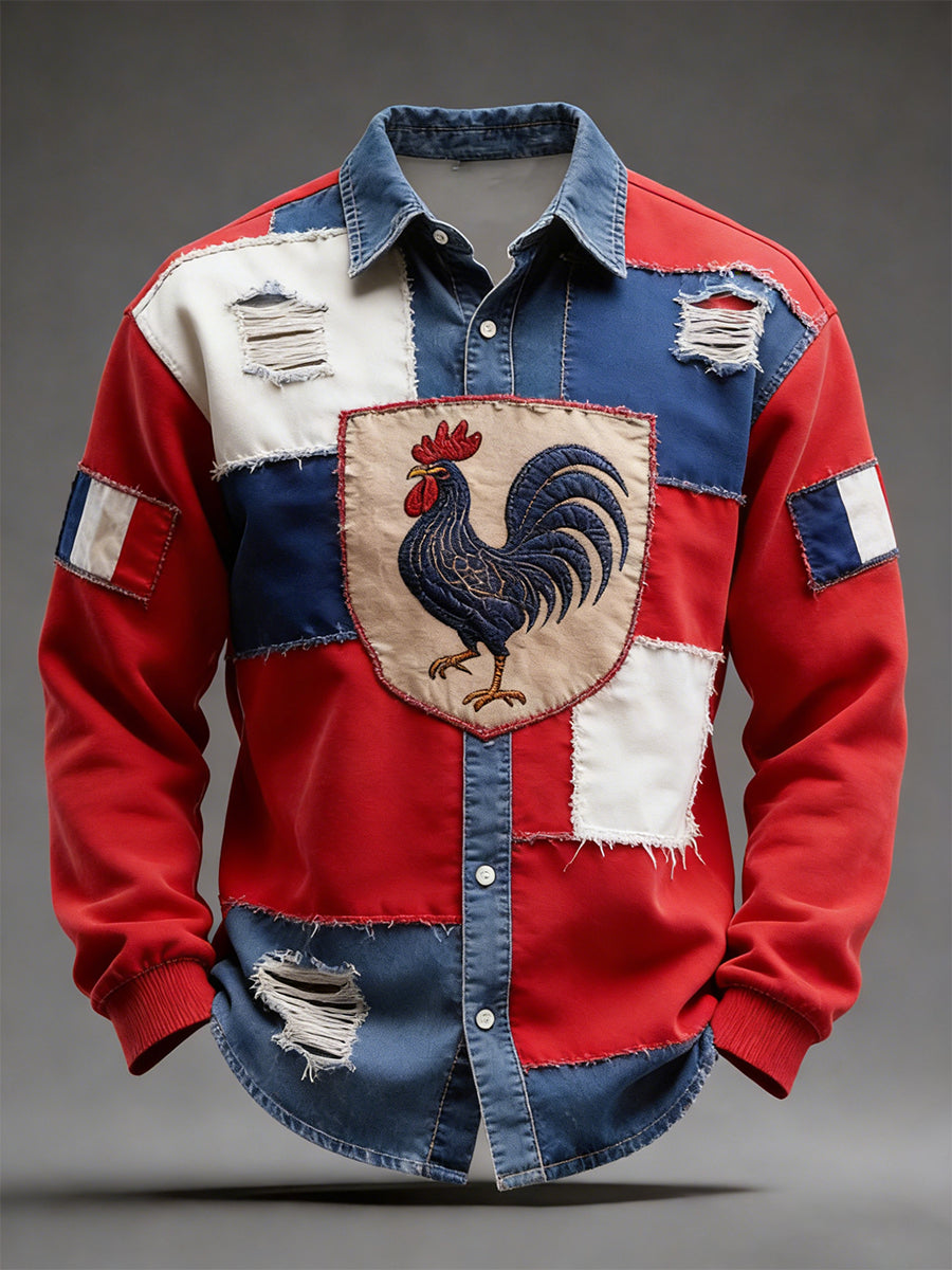 Rétro Drapeau Français Coq Patchwork Color-Block Casual Et Confortable Chemise