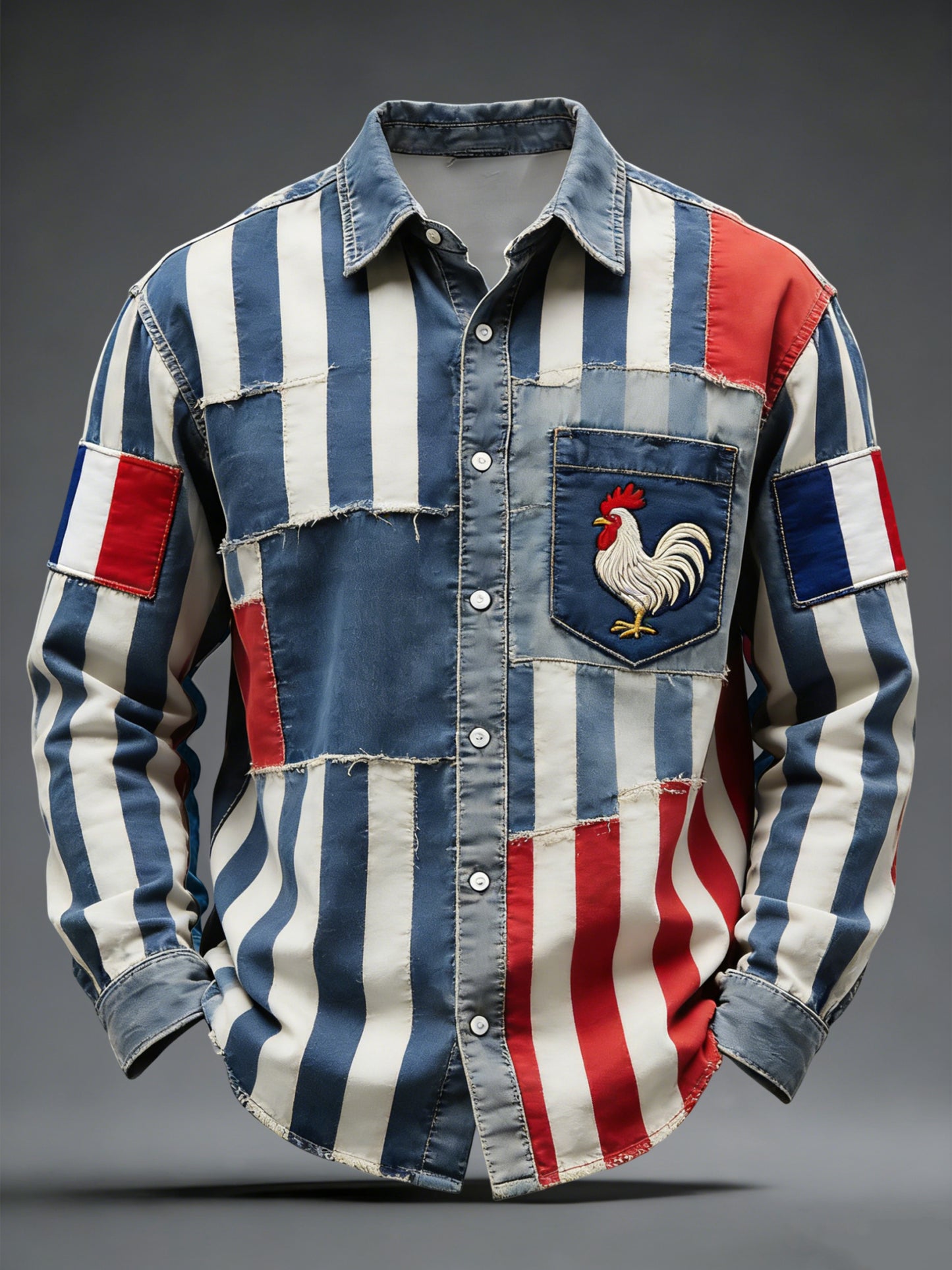 Chemise Décontractée Patchwork Rayée Drapeau Coq Rétro Français