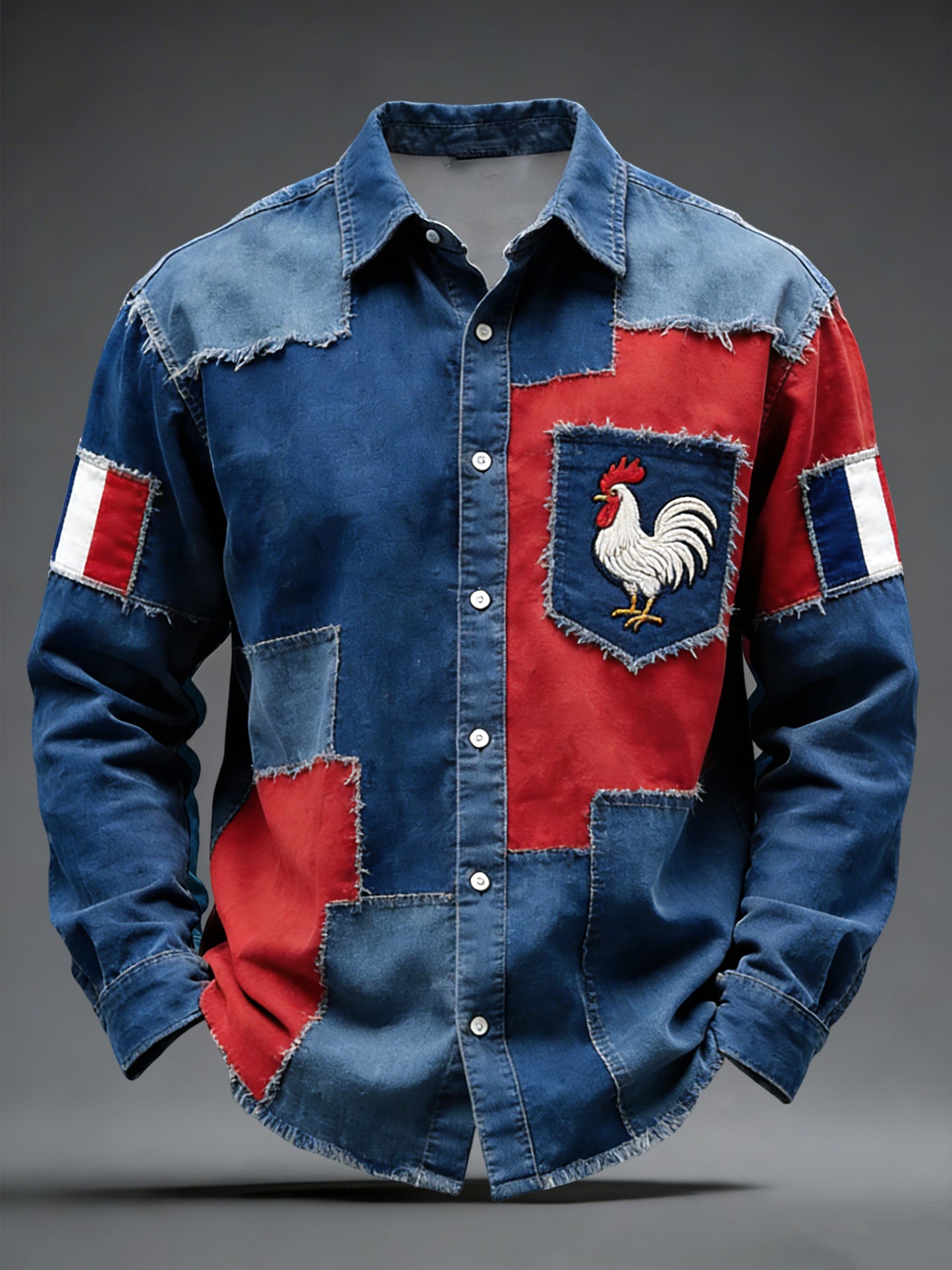 Chemise Décontractée Rétro Emblème Coq Français Patchwork