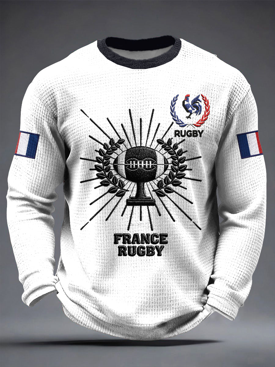 Français Rugby Coq Imprimer Blanc Casual Retro T-shirt à manches longues pour hommes