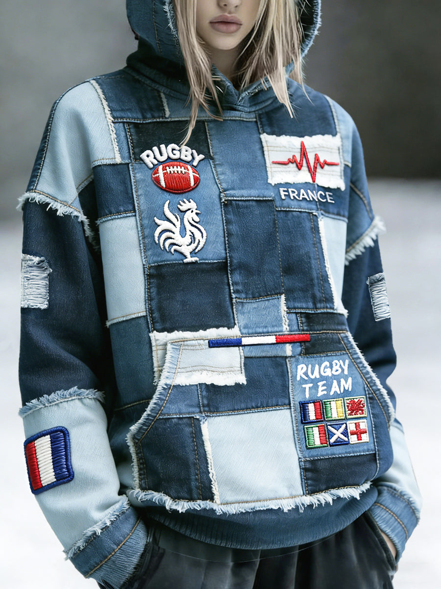 Sweat-shirt à capuche décontracté pour femmes French Rugby Print Denim Patchwork