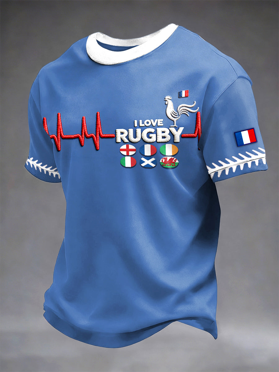 T-shirt décontracté imprimé brodé France Rugby Six Nations 3D pour homme