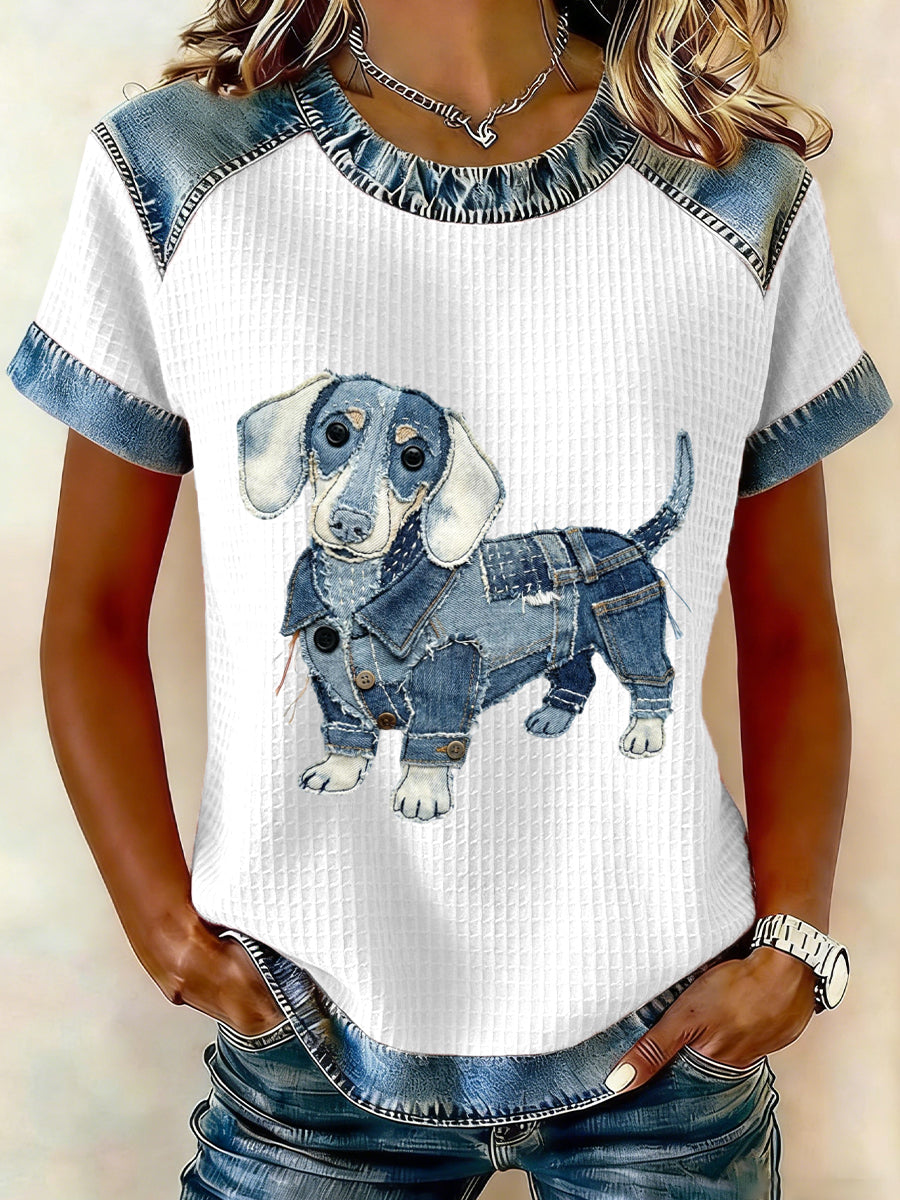 Femmes Charmant Teckel Motif Denim Patchwork Top