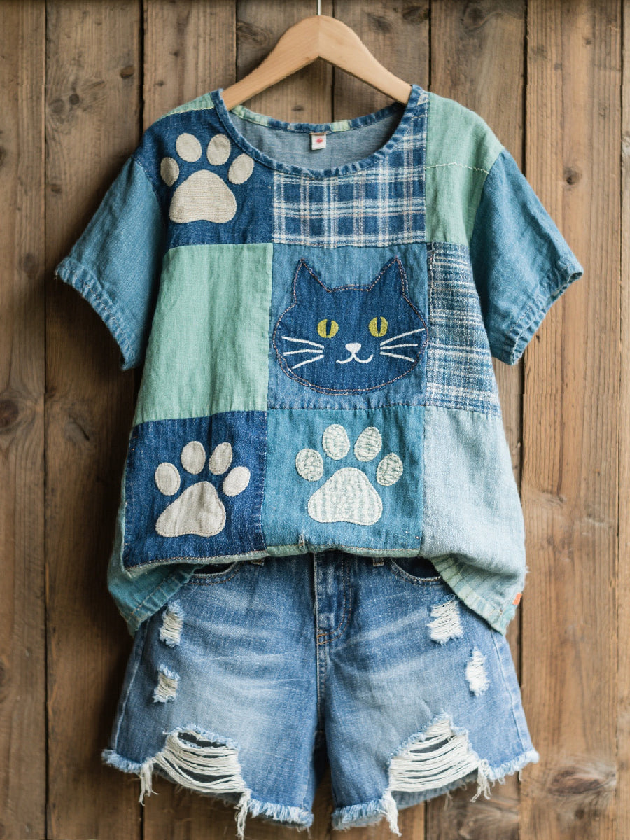Beau modèle de chat Patchwork Art Top des femmes