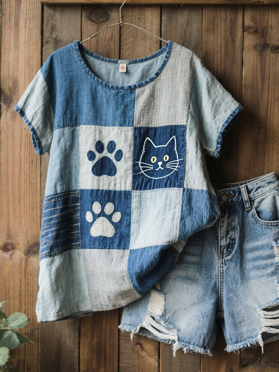 Lovely Cat Pattern Patchwork Art Lin Blend Chemise des femmes