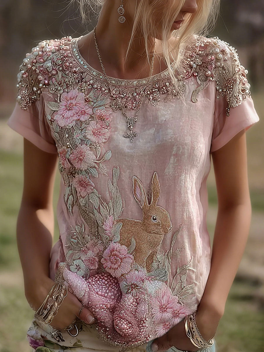 T-shirt décontracté imprimé floral lapin pour femmes