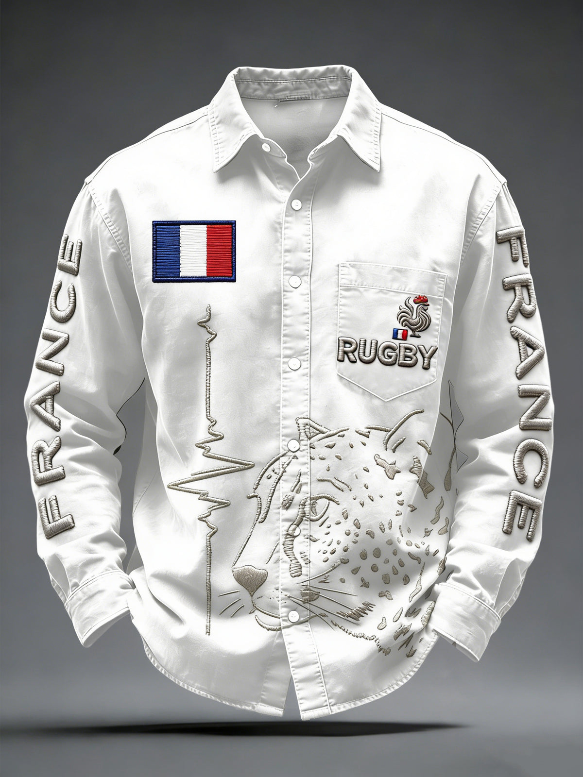 Chemise décontractée blanche à manches longues pour hommes, imprimée en 3D, motif rugby français