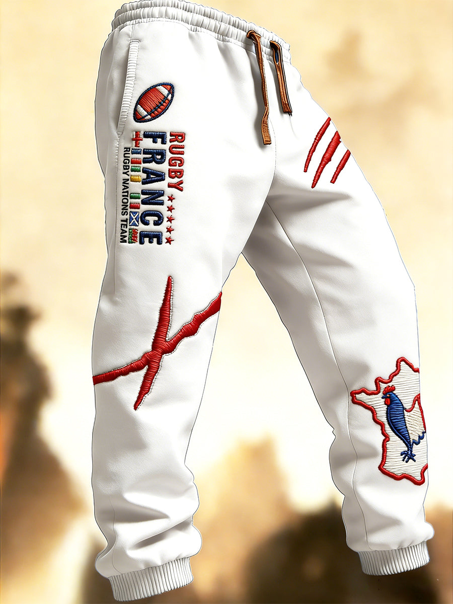 Pantalon de Sport Homme French Rugby Six Nations Blanc Brodé