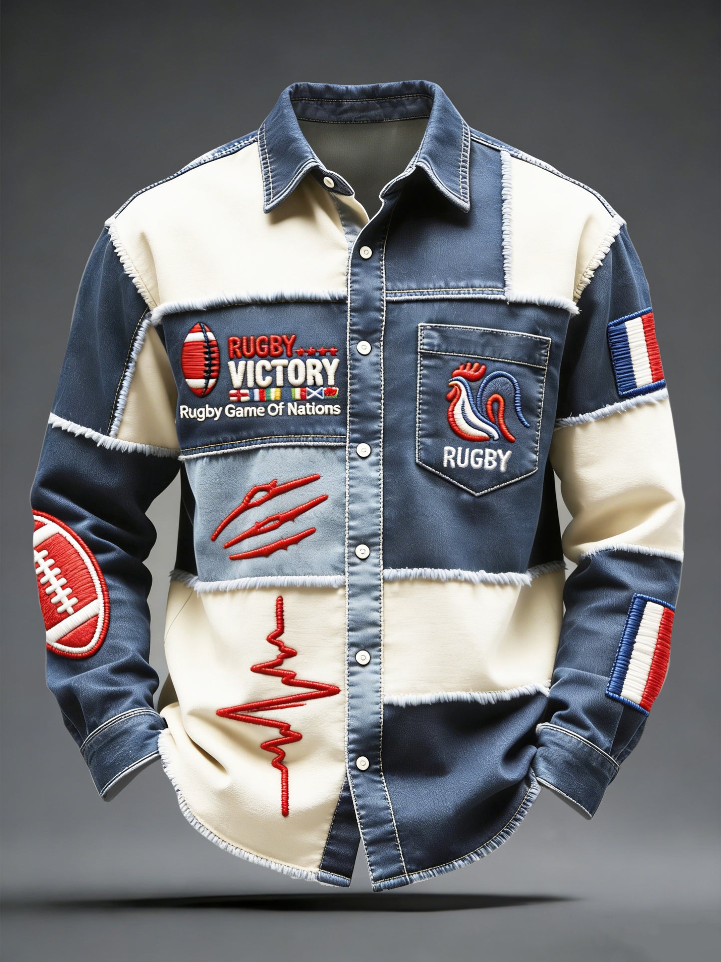 Chemise décontractée French Rugby Six Nations Denim Patchwork Print pour homme