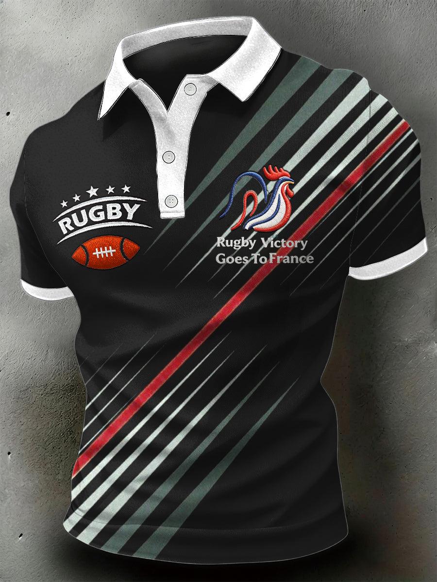 Polo Homme Manches Courtes Imprimé Rugby Rayé Patchwork