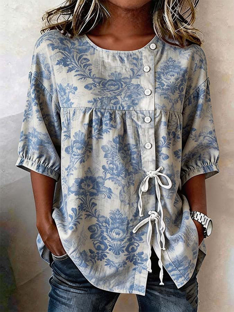 Chemise Femme Fleurs Boutonnées Et Lacées En Lin Mélangé