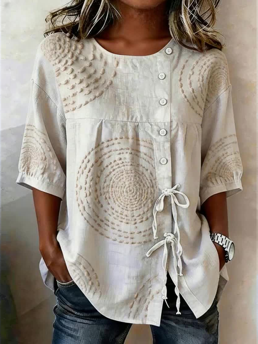 Chemise Femme Motif Géométrique Boutonnée Et Lacée En Mélange De Lin