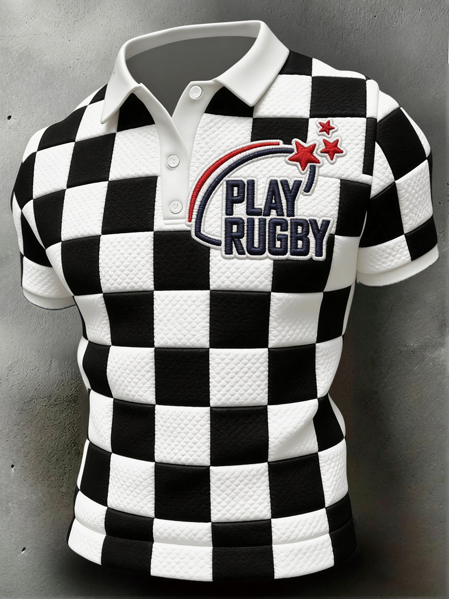 Polo décontracté imprimé à carreaux de rugby français pour hommes