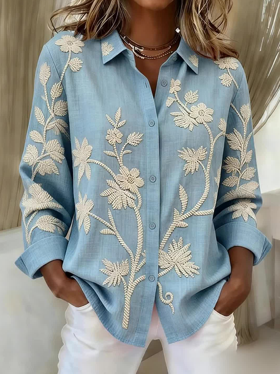 Chemise pour femme en mélange de lin, à boutons et à lacets, motifs plantes et fleurs