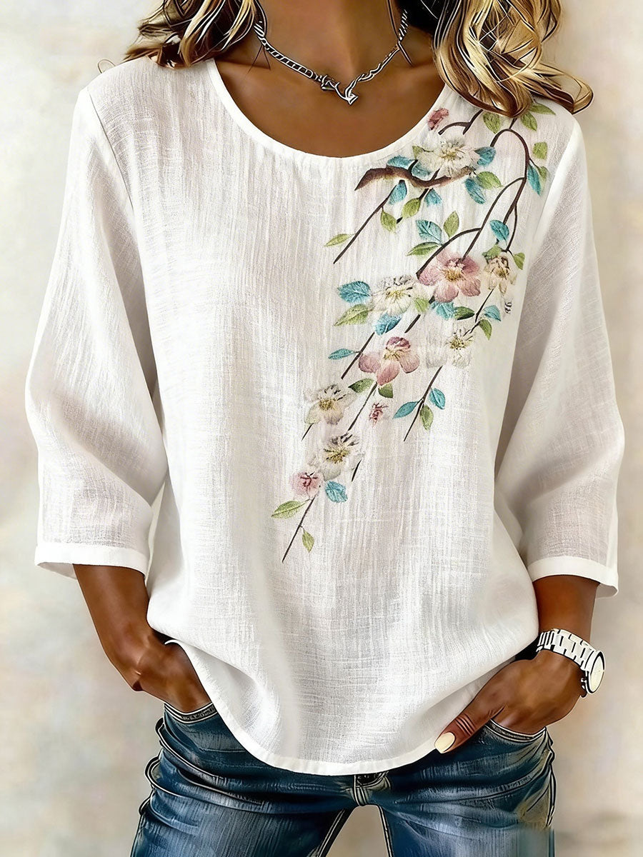 T-shirt décontracté en coton-lin à fleurs pour femmes