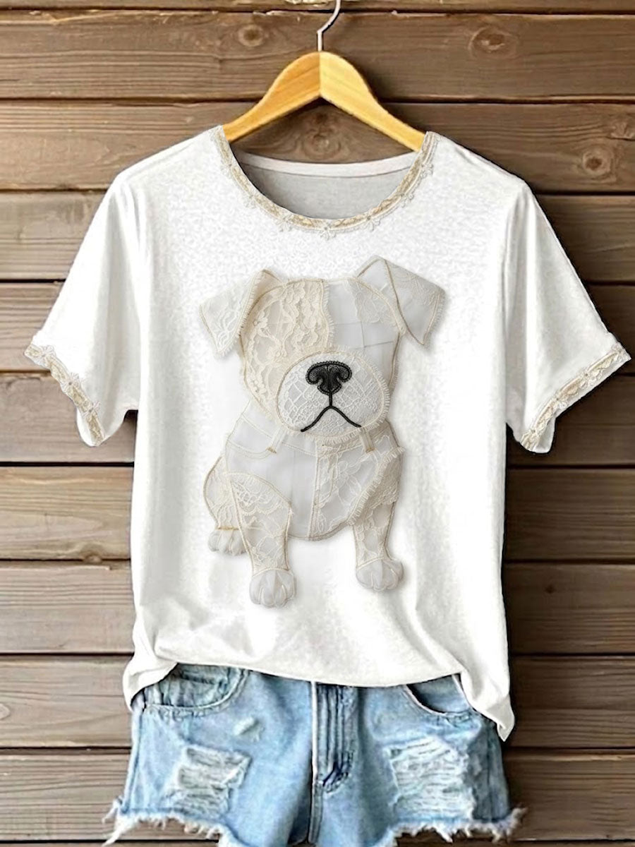 Art Dog Lace Patchwork T-shirt imprimé pour femmes