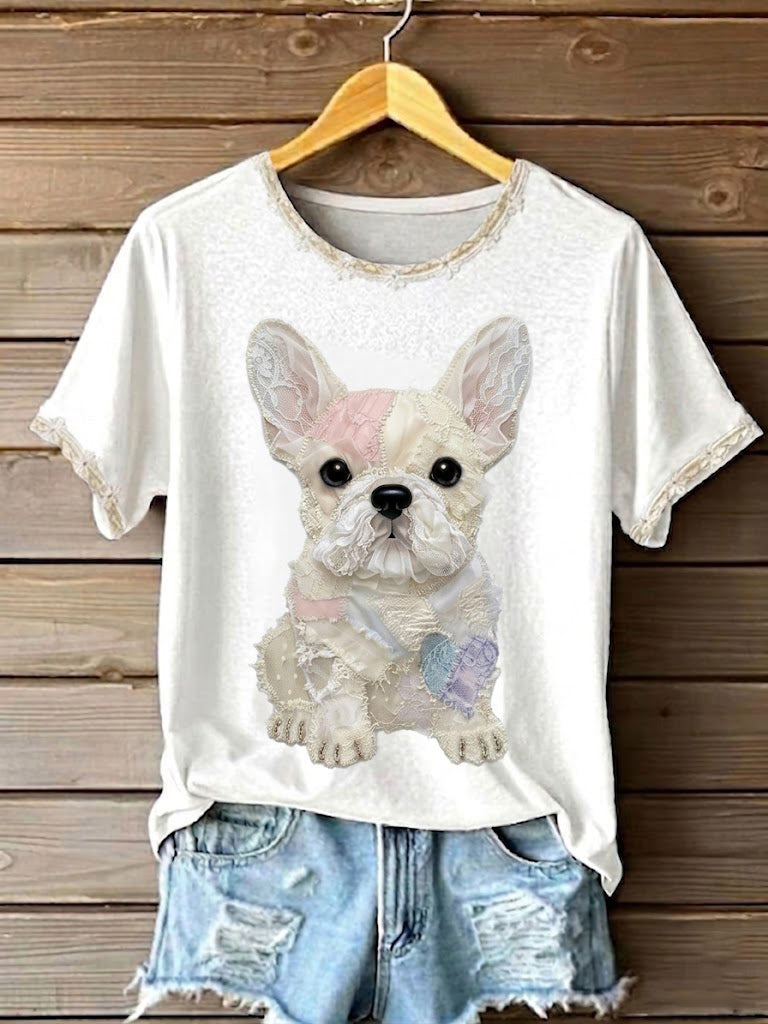 T-shirt imprimé en patchwork de dentelle pour femmes, motif chien