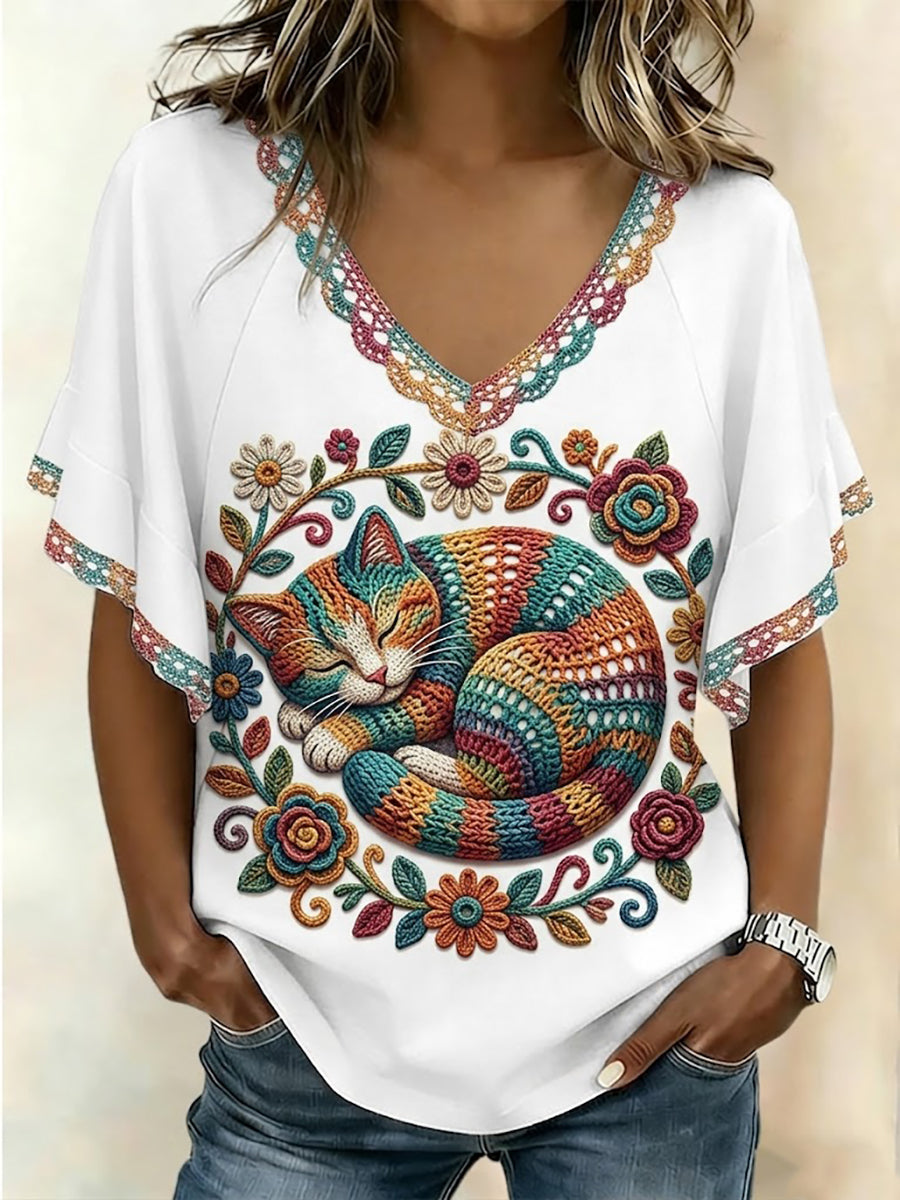 T-shirt à manches courtes pour femmes avec motif de chat