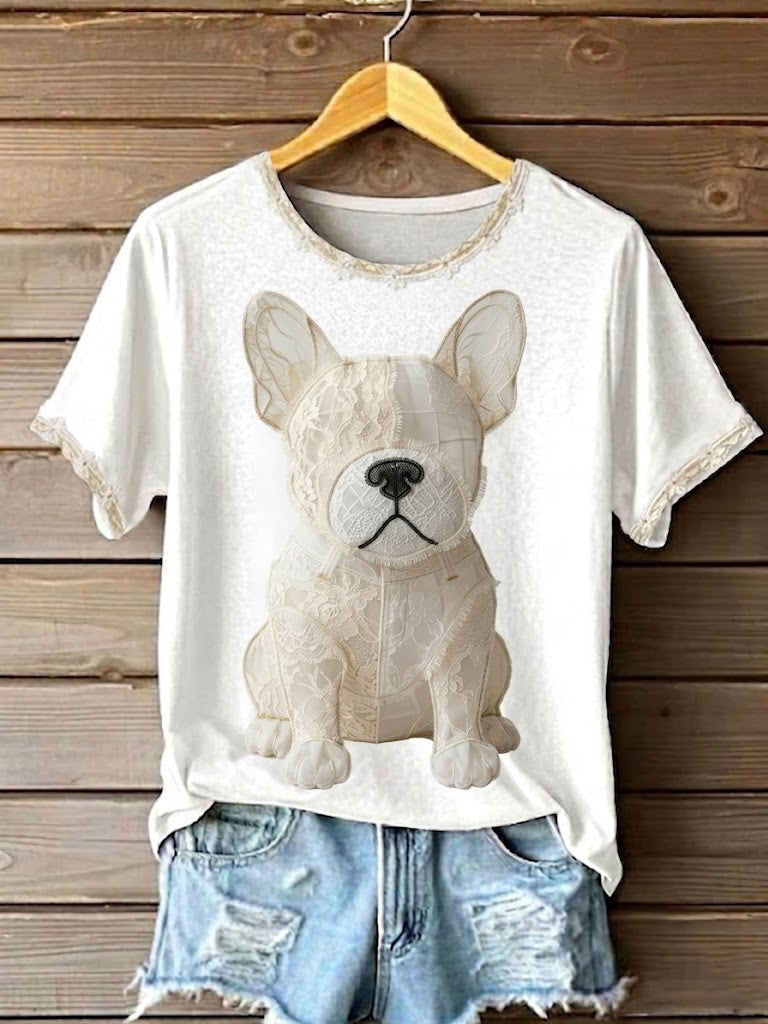 T-shirt imprimé en patchwork de dentelle pour femmes, motif chien