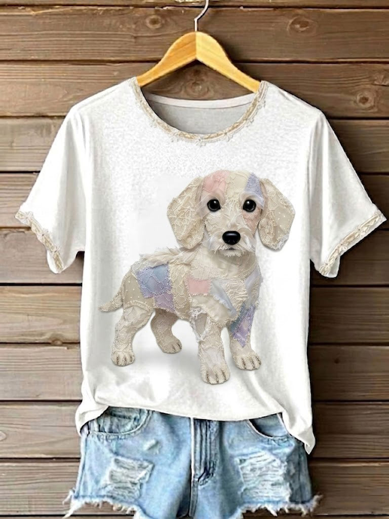 T-shirt imprimé en patchwork de dentelle pour femmes, motif chien