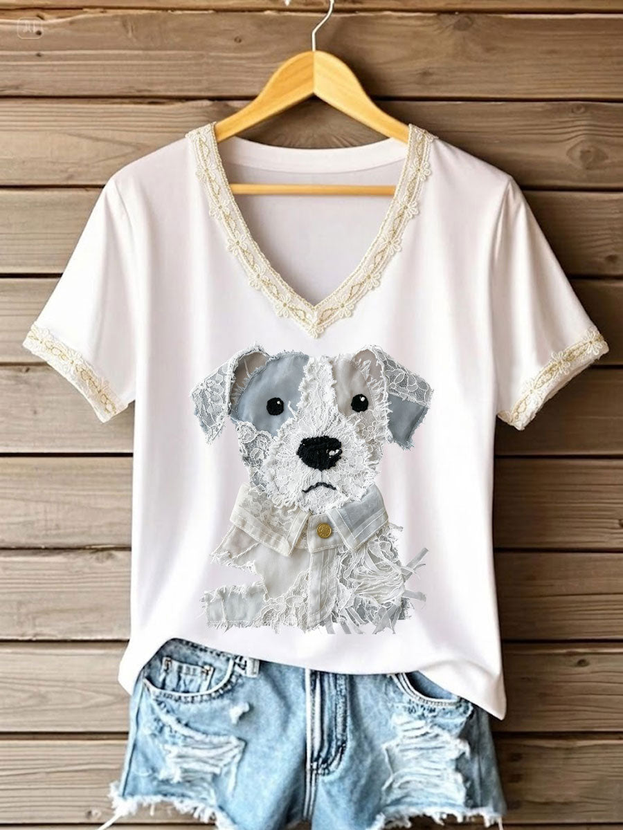 T-shirt à col en V imprimé patchwork en dentelle pour femme