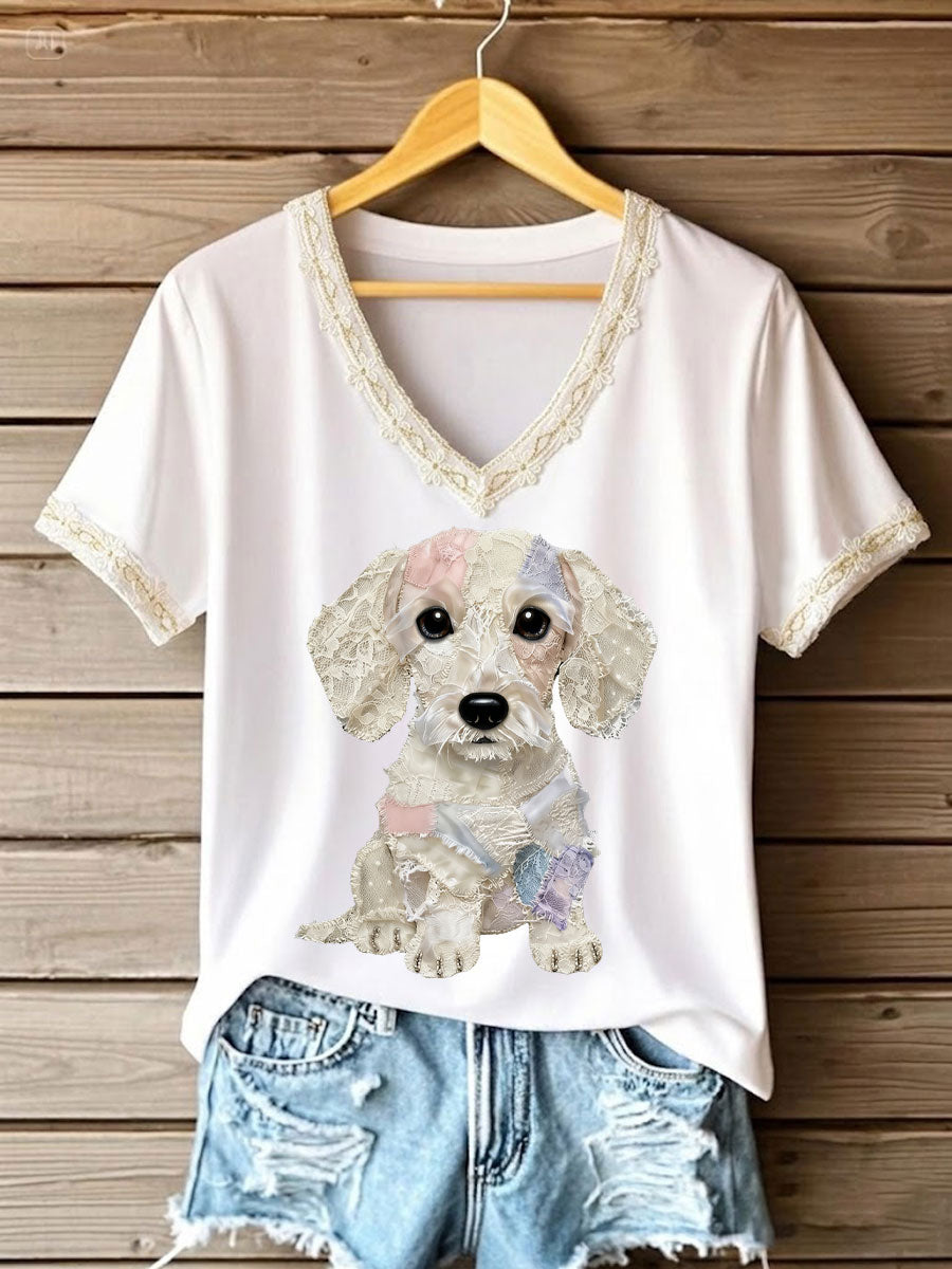 T-shirt femme art chien en dentelle patchwork imprimé à col en V