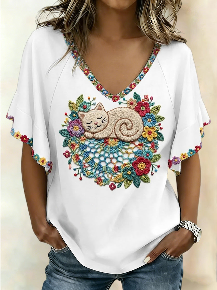 T-shirt à manches courtes pour femmes avec motif de chat