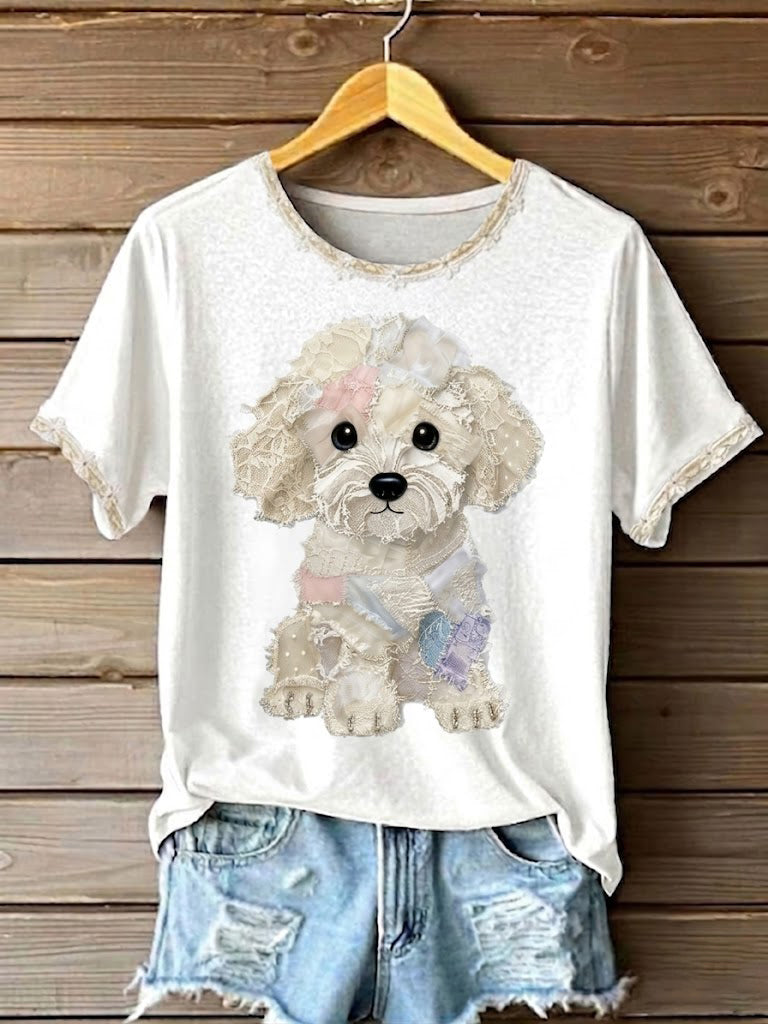 T-shirt imprimé en patchwork de dentelle pour femmes, motif chien