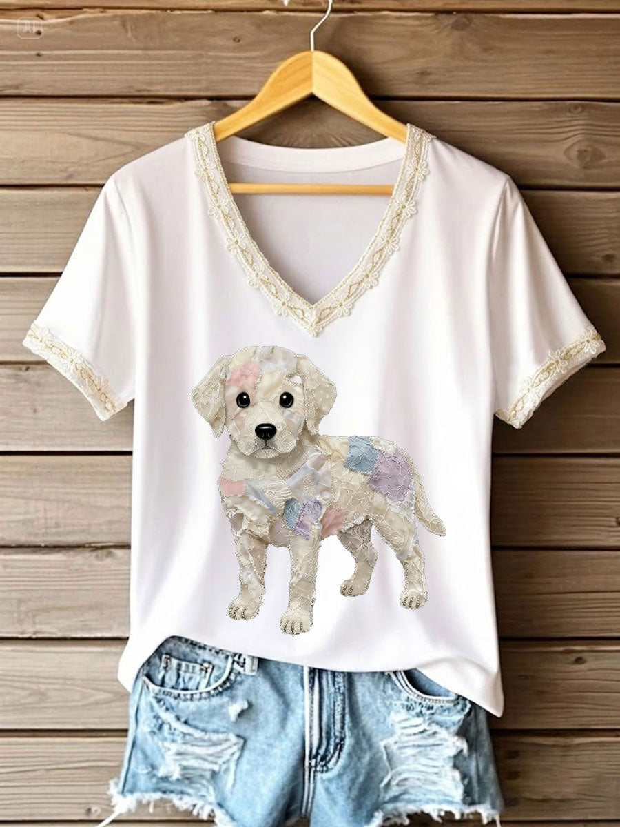 T-shirt femme art chien en dentelle patchwork imprimé à col en V