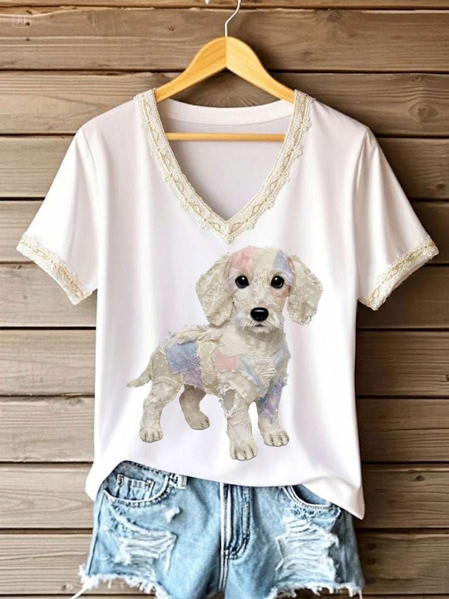 T-shirt femme art chien en dentelle patchwork imprimé à col en V