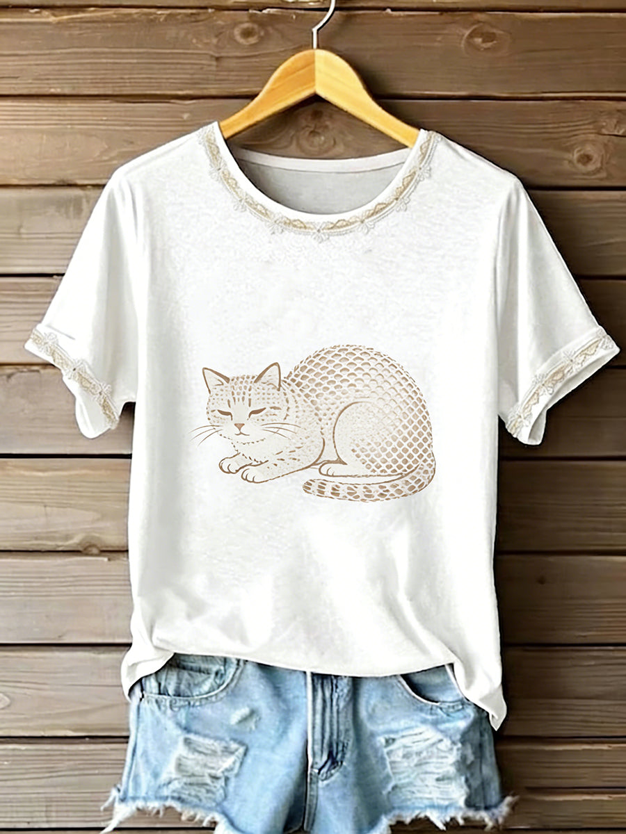 T-shirt à manches courtes pour femmes avec motif de chat