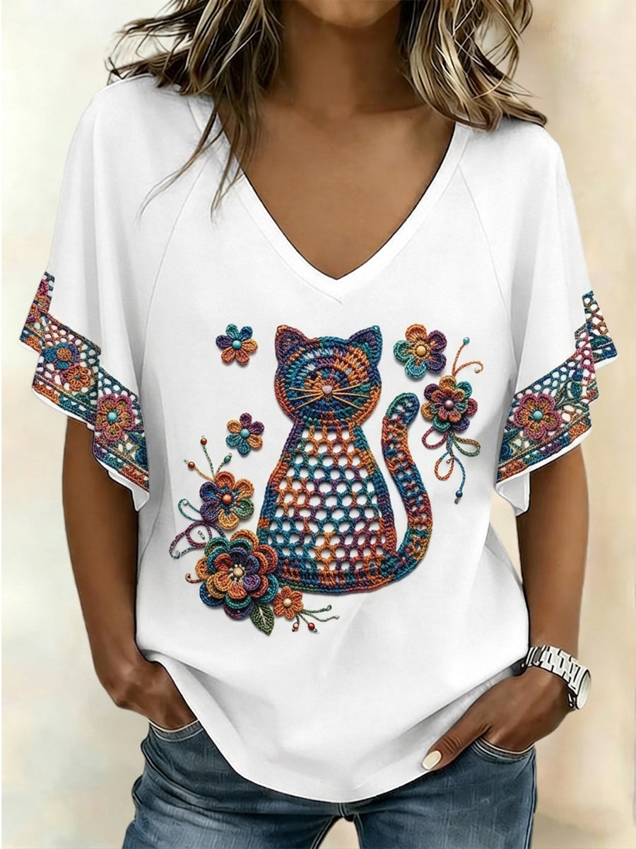 T-shirt à manches courtes pour femmes avec motif de chat