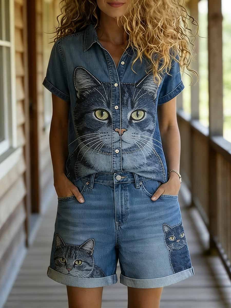Ensemble chemise et short décontractés à manches courtes pour femmes, imprimé animalier