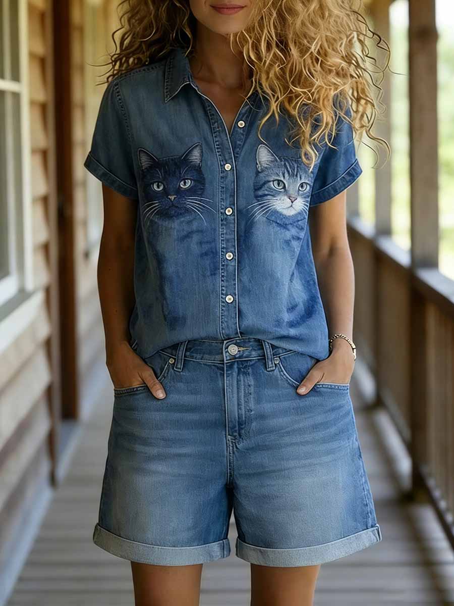 Chemise décontractée à manches courtes et short à imprimé animal pour femmes