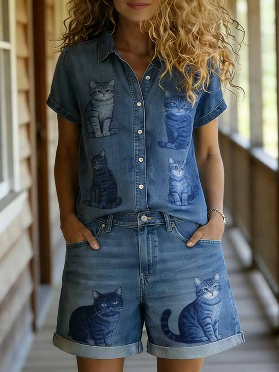 Ensemble chemise et short décontractés à manches courtes pour femmes, imprimé animalier