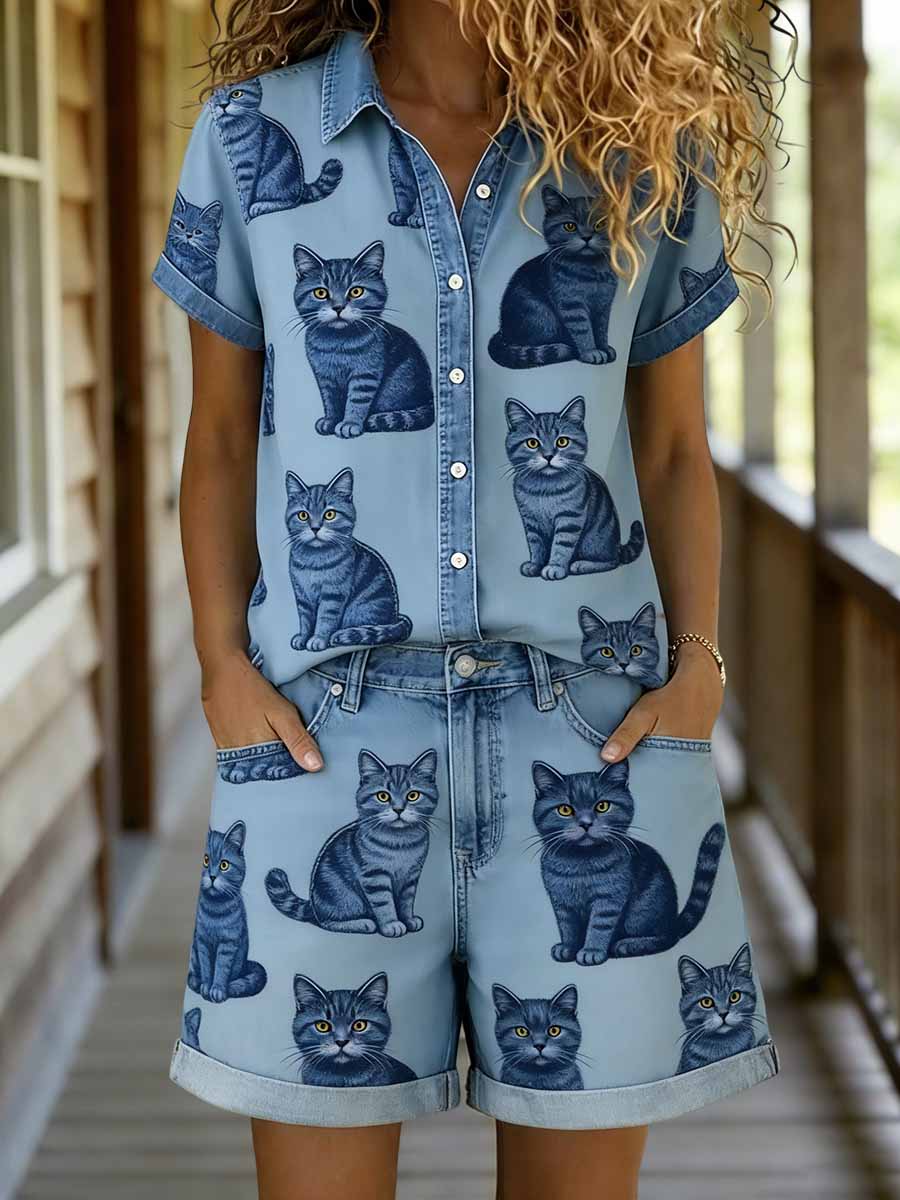 Ensemble chemise et short décontractés à manches courtes pour femmes, imprimé animalier