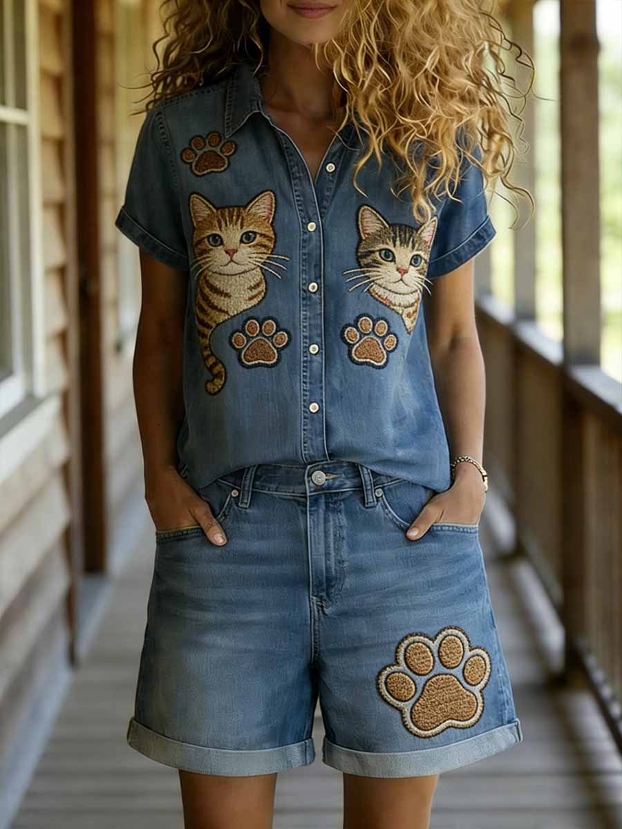 Ensemble chemise et short décontractés à manches courtes pour femmes, imprimé animalier