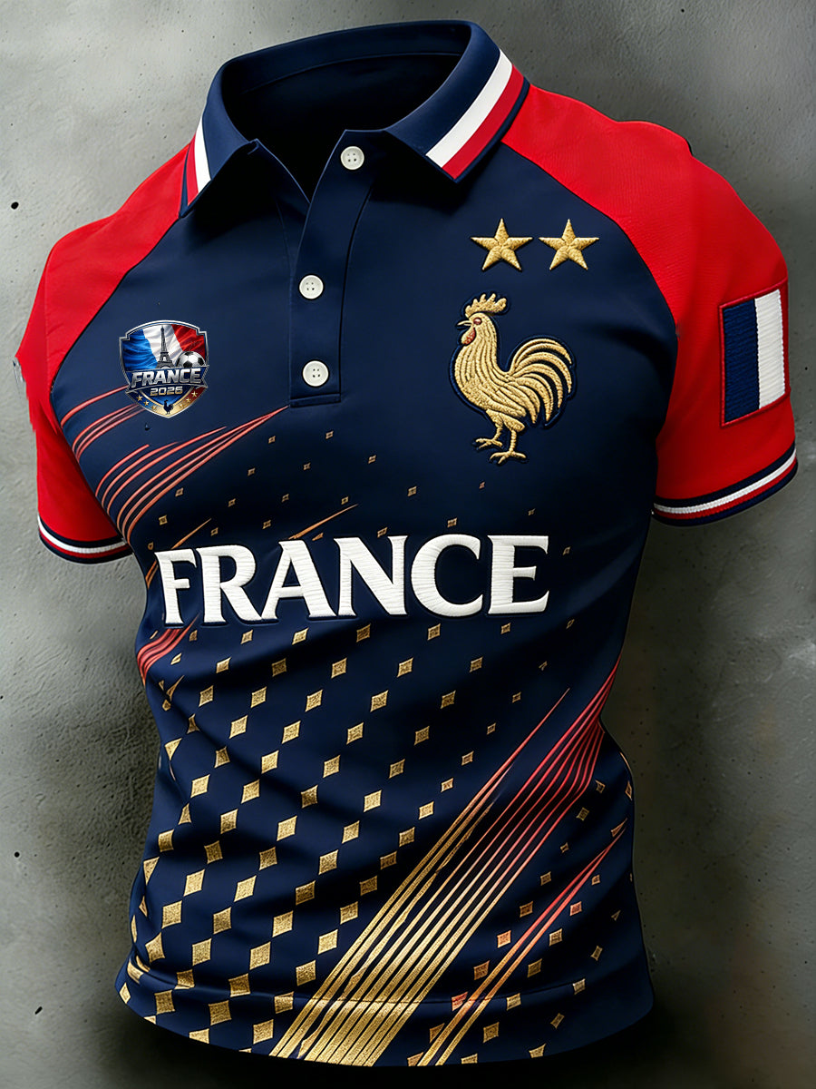 Polo manches raglan pour hommes à imprimé brodé sur le thème du football