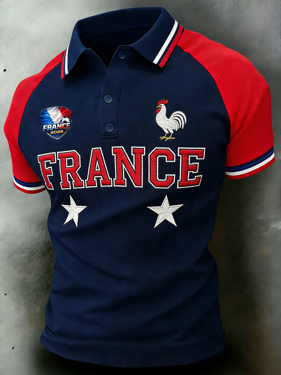 Polo manches raglan pour hommes à imprimé brodé sur le thème du football