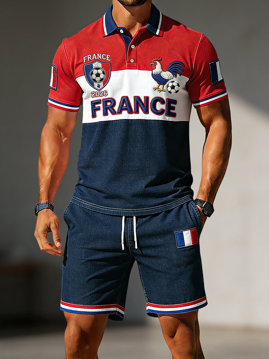 Ensemble décontracté polo et shorts en patchwork football rétro français 2026