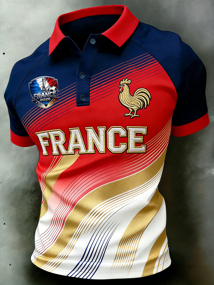 Polo manches raglan pour hommes à imprimé brodé sur le thème du football